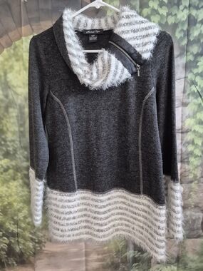 Michael Tyler Charcoal Cowl Neck Sweater with White Fuzzy Trim